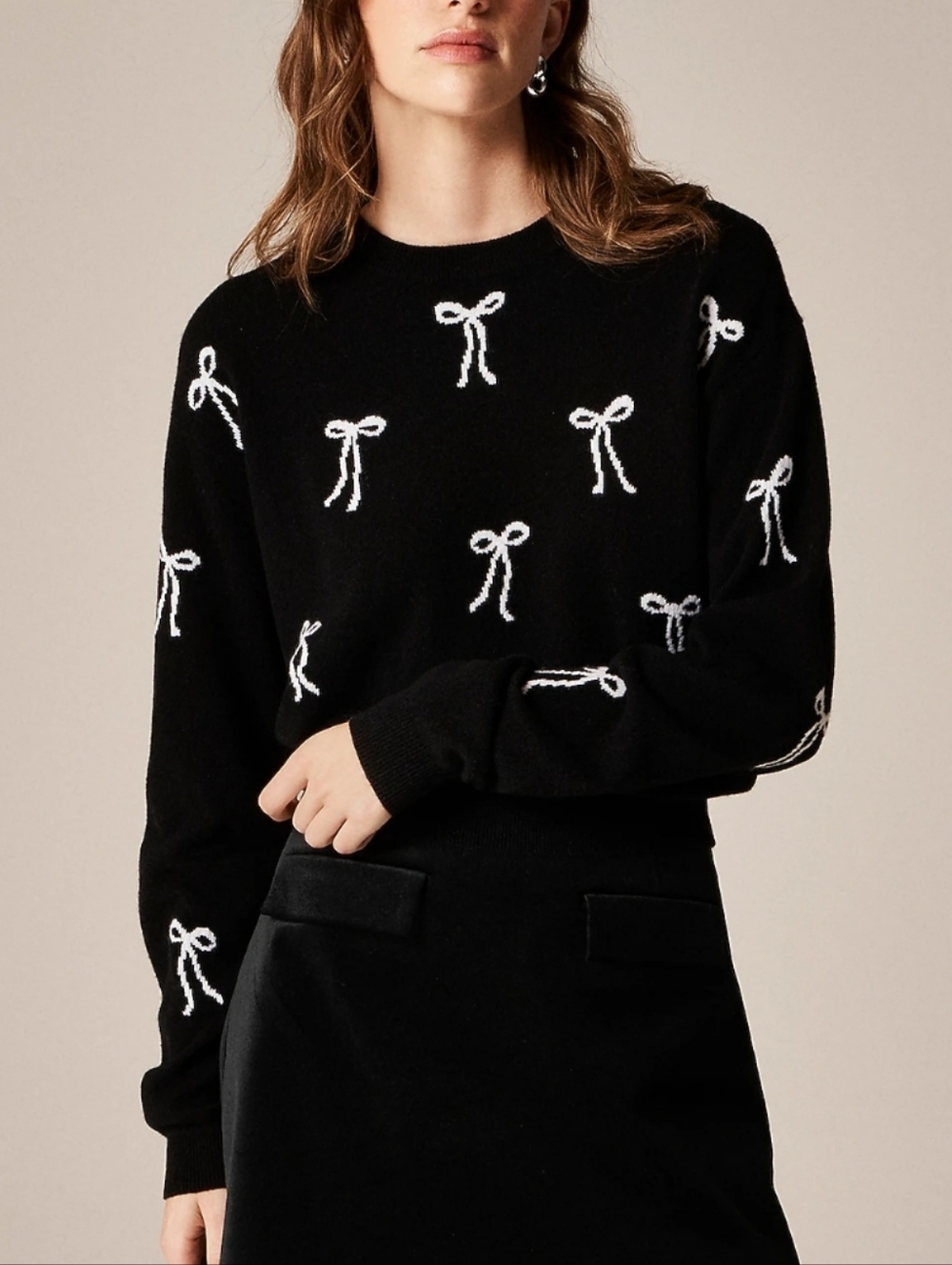 J Crew Perfect cashmere crewneck sweater in bow print CO585 Size M NWT